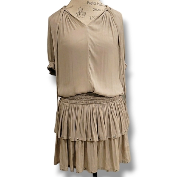 Anthropologie Current Air Aurelie Pleated Gold Metal Rivit  Mini Dress - Size XS - Picture 2 of 13